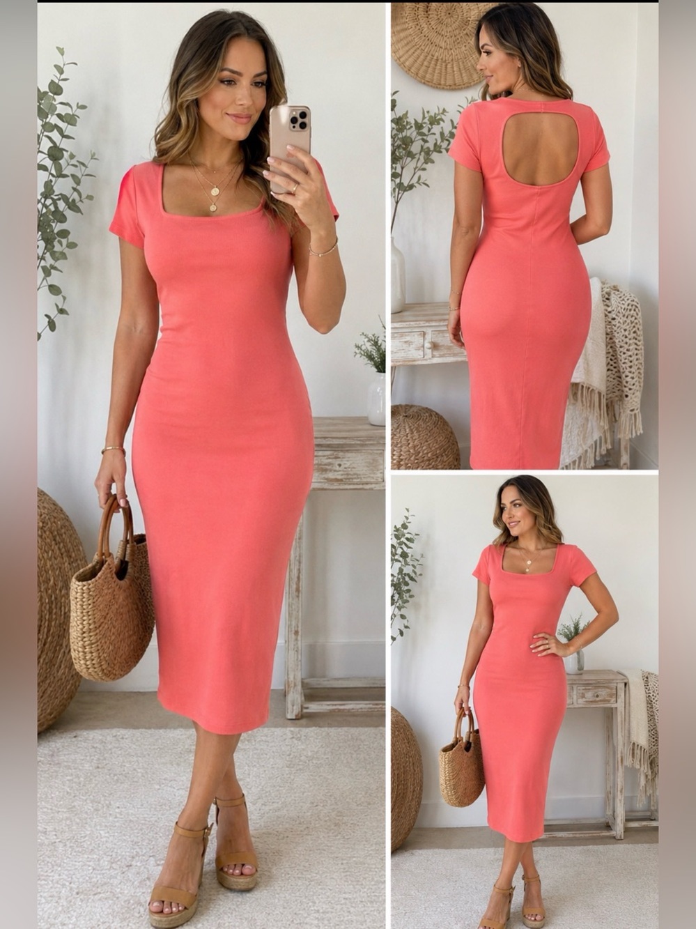 Nine West Coral Ribbed Midi Dress Open Back Short Sleeve XXL